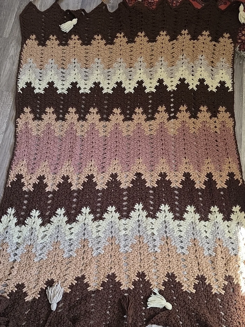 Mocha Ripple Afghan Blanket Boho Cozy Stripe Crochet Throw Blanket Brown Cottage